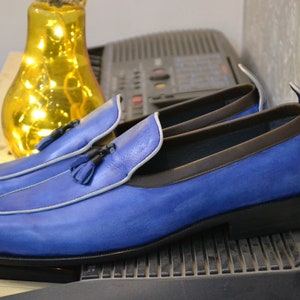 Men&#39;s New Elegant Handmade Blue Plain Tussle Loafers Dress Leather Shoes