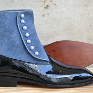 Handmade Blue Suede & Patent Leather Button Top Ankle High Stylish Boots For Men&#39;s