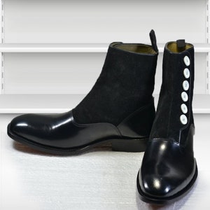 Men's Handmade Colour Black Button Top Leather & Suede Ankle High Boots