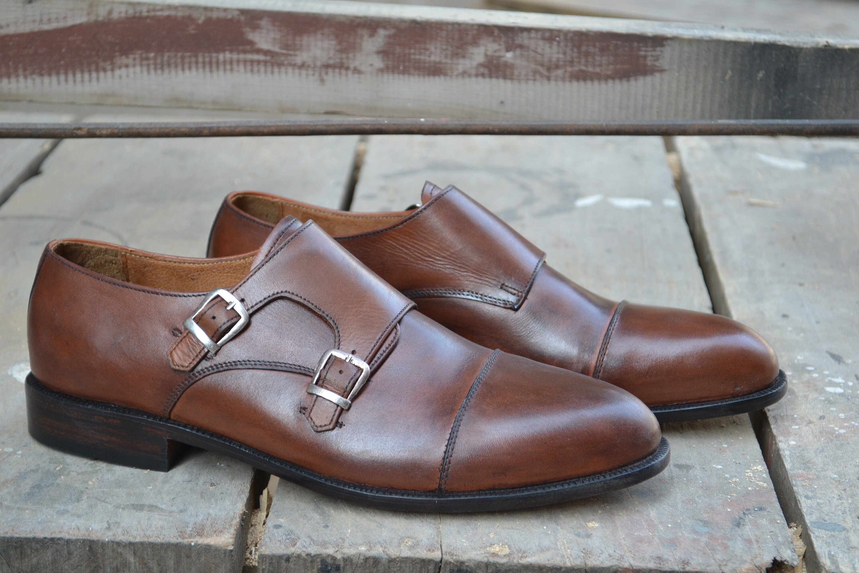 Handmade Shoes Men's Brown Cap Toe Double Buckle Monk Strap Handmade Shoes Men's Brown Cap Toe Double Buckle Monk Strap