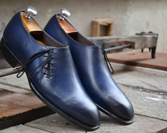 Bespoke Men Handmade Blue Colour Side Lace Up Leather, Dress, Formal Luxury Shoes, Oxford Shoes, Office Shoes, Wedding Shoes, Gift for him