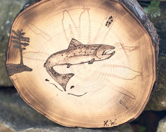 Trout woodburning, Ambrosia Maple, wood burn art, trout, jumping in water