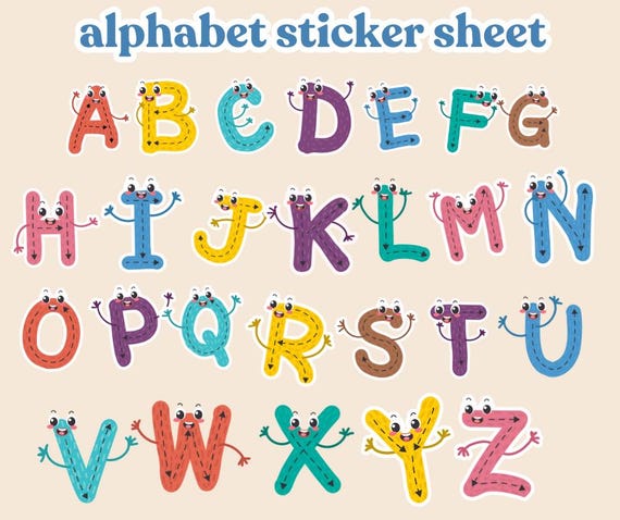 Kids Alphabet Stickers Sheet Printable Letter Stickers for Kids DIY Alphabet Flashcards Learning Activities Cute Alphabet Letters