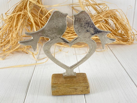 Heart & birds sculpture metal on wood 19x17x6cm