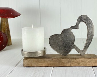 Herz Kerzenständer Skulptur 23 x 16 x 5 cm Rostfrei Metall auf Holz