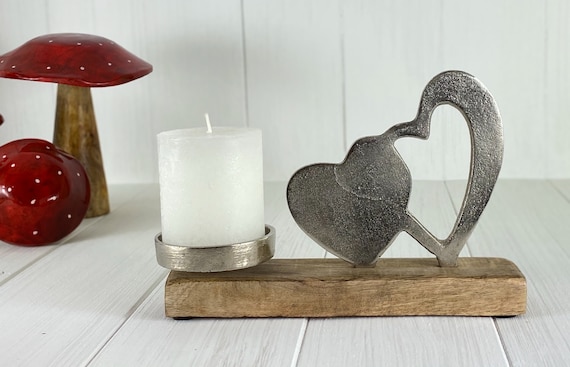 Heart candlestick sculpture 23 x 16 x 5 cm rustproof metal on wood