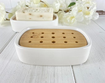 Porte-savon, céramique, ovale avec insert en bois de bambou environ 12 x 8,5 x 3 cm