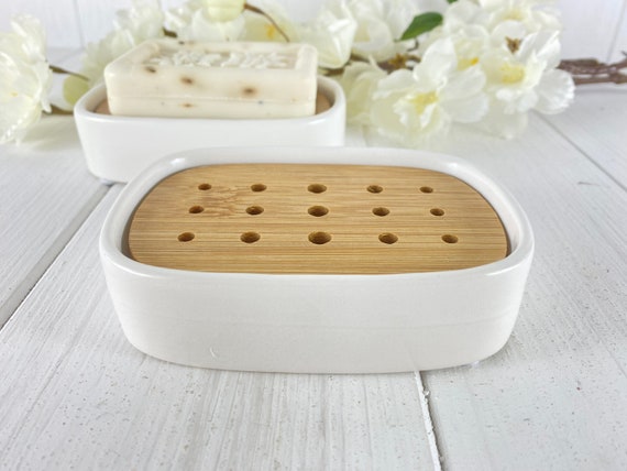 Soap dish, ceramic, oval with bamboo wood insert approx. 12 x 8.5 x 3 cm