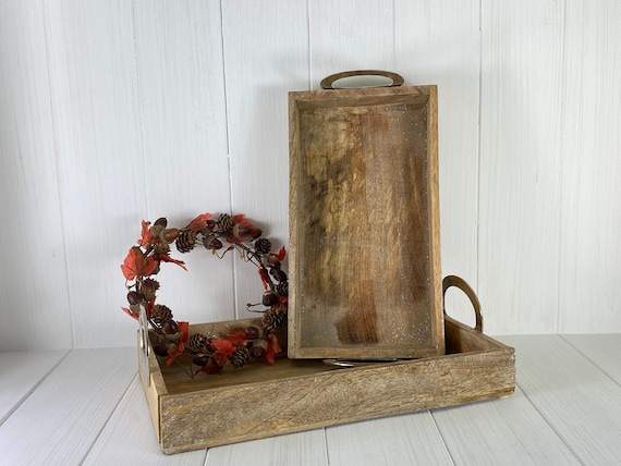 Vintage wooden tray with rustproof metal handles