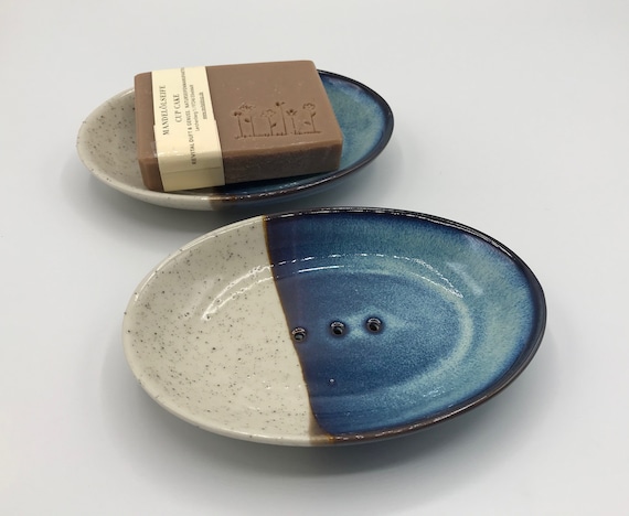 Soap dish, ceramic, handmade, oval, blue, gray, 14 x 9.5 x 2 cm