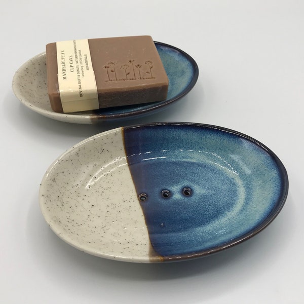Seifenschale, Keramik, Handarbeit, Oval, Blau,Grau, 14 x 9,5 x 2 cm