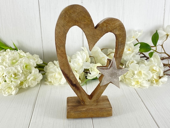 Heart with star sculpture 13 x 22 x 6 cm rustproof metal on wood