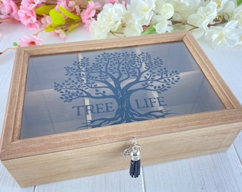 Tea box vintage made of wood with glass lid and tree of life décor