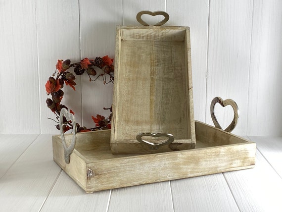 Vintage wooden tray with heart metal handles rustproof