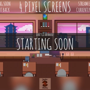 May include: A pixel art illustration of a room with four computer screens, a bookshelf, and two windows with cityscapes. The text "4 PIXEL SCREENS" is at the top of the image. The text "STARTING SOON" is in the center of the image. The text "DON'T GO ANYWHERE!" is above the text "STARTING SOON". The text "STREAM ENDING CURRENTLY OFFLINE" is in the top right corner of the image. The text "Joreom Thomes" is at the bottom of the image.