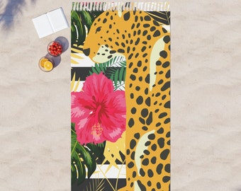 Aangepaste tijgers en hibiscus strandlaken, aangepaste strandlaken, Boho strandlaken, Jungle Tiger strandlaken