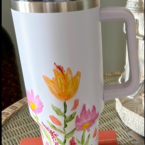 40 oz  Hand Painted Floral Tumbler with Handle and straw