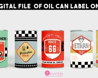 Personalized Race Car Oil Can Label, Vintage Car favor tags , Too Fast Food Can Labels, printable Car Birthday Can Label