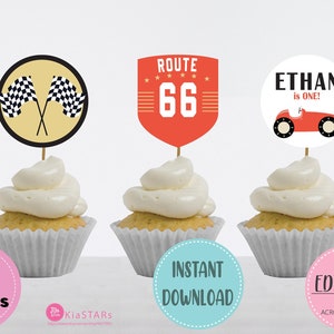 Personalized Race Car Birthday Cup Cake Topper EDITABLE Vintage Race Car Decoration Too Fast First Birthday Car Birthday Cake Topper Digital