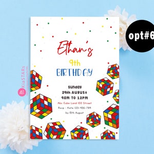 May include: A white birthday invitation featuring colourful confetti and a Rubik's Cube design. The invitation reads "Ethan's 9th Birthday" and provides details for the party, including the date, time, and location.