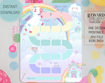 May include: A printable reward chart with a unicorn, rainbow, and castle design. The chart includes the text "You can do it!" and "Start!" with a path for tracking progress. The chart is 21.59 x 27.94 cm.
