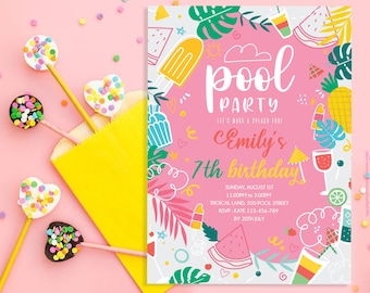 Tropical pool party invitation, pineapple birthday, summer party, girl pool party invite, swim party Personalized