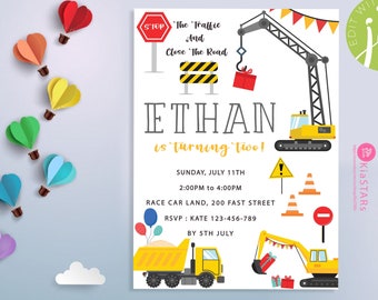 Editable Construction Birthday Invitation -Construction Party Invite, Birthday Invite, Construction Trucks Birthday Invite, Instant Download