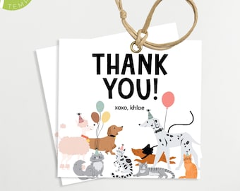 May include: Thank you tag with a white background and colorful cartoon dogs and cats. The text reads "Thank You! xoxo, khloe".