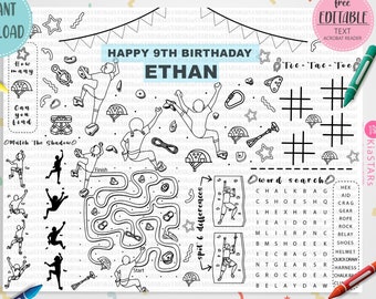 Rock Climbing Birthday Placemat: Kids Activity Pages (Editable, Digital Download)