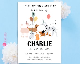 Lets Pawty Birthday, Puppy Invitation, Dog Birthday, Pawty Birthday Invitation for Girls, Editable Template Printable