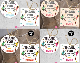 May include: Four different designs of thank you tags for a rock climbing party. The tags feature a cartoon of two people rock climbing with the text "Thank You for Climbing with Me" and the name "Ethan" or "Emily".