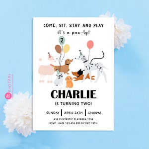 May include: A birthday invitation for a boy named Charlie turning two. The invitation features a cartoon illustration of a group of dogs with balloons and party hats. The text reads "Come. Sit. Stay and Play it's a paw-ty! Charlie is turning two! Sunday April 24th 12:00PM 456 Fantastic Playarea, 1234 RSVP: Kate 123.456.890 by Dec 19th"