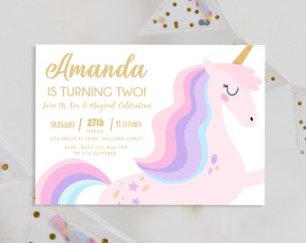Invitación de unicornio Plantilla de invitación de fiesta de unicornio moderna Invitación de cumpleaños de unicornio simple Invitación editable DESCARGA INSTANTÁNEA