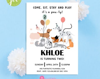 Editable Lets Pawty Birthday Puppy Invitation Cat and Dog Birthday Pawty Birthday Invitation for Girls Template Printable INSTANT DOWNLOAD