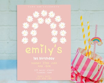 Boho Pink Daisy Floral First birthday Baby Girl Pretty Flowers 1st 2nd 3rd 4th 5th Personalised Custom Printable Cute Invitation