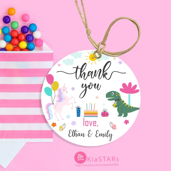 Unicorn and Dinosaur Favor Tag | INSTANT DOWNLOAD | Unisex Unicorn and Dinosaur Birthday Party Tags | Editable Kids Party Round Tags