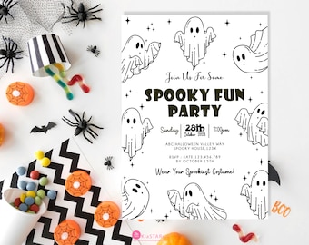 Halloween Birthday Invite, Black and White Halloween Party Invitation, Ghost Halloween Invite, Spooktacular, Ghosts, Kids, Pumpkin, DIGITAL