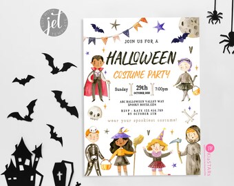 May include: Halloween costume party invitation with watercolor illustrations of children in costumes, bats, and a haunted house. The invitation includes the date, time, and RSVP information. The text reads "Join us for a Halloween Costume Party".