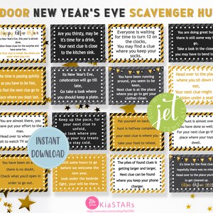 Búsqueda del tesoro de Nochevieja, descarga instantánea en PDF, pistas de búsqueda del tesoro de Año Nuevo, juegos imprimibles de Nochevieja para niños