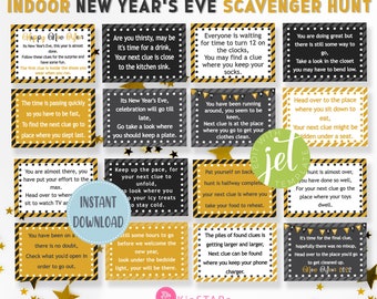 Könnte beinhalten: Ein Set mit 12 gelben und schwarzen Karten für eine Silvester-Schnitzeljagd. Die Karten haben schwarze und gelbe Streifen und goldene Sterne. Der Text auf den Karten enthält Hinweise für die Schnitzeljagd.