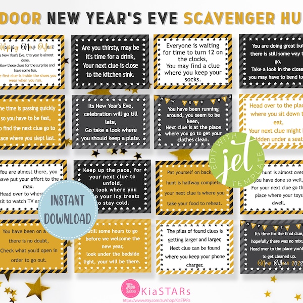 New Years Eve Scavenger Hunt, Instant Download PDF , New Year Treasure Hunt Clues, New Years Eve Printable Games for Kids