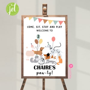 Lets Pawty Birthday, Welcome Sign Puppy Poster , Cat and Dog Birthday, Pawty Birthday Poster for Girls, Editable Template Printable