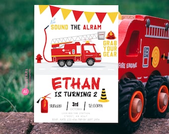 Firetruck Birthday Invitation Party Invite Boy First 1st Firefighter Monster Truck Fireman Party Invite DIGITAL FILE