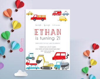 Transportation Birthday Invitation, Truck Birthday Invitation, Cars Birthday Invite, Truck and Cars Birthday