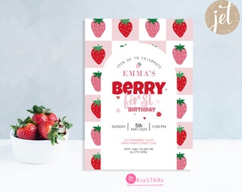 Berry First Birthday Invitation Berry Birthday Modern Strawberry Invitation Strawberry Birthday Digital Template INSTANT DOWNLOAD Editable