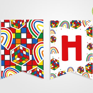 May include: Two printable banner flags featuring a rainbow and Rubik's cube design. The first flag has a red, blue, yellow, and green Rubik's cube pattern. The second flag has a white background with a red letter "H" and a rainbow and Rubik's cube design.