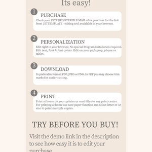 May include: A how-to guide with four steps for purchasing, personalizing, downloading, and printing a digital product. The guide includes the text "How Does It Work? Its easy!" and "Try Before You Buy! Visit the demo link in the description to see how easy it is to edit your purchase."