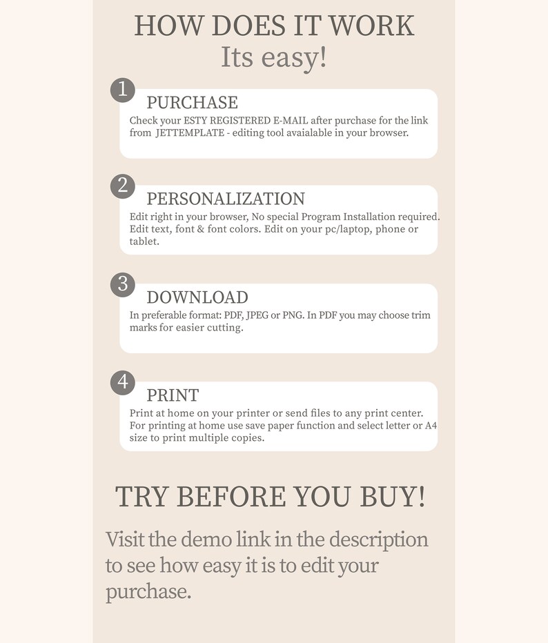 May include: A how-to guide with four steps for purchasing, personalizing, downloading, and printing a digital product. The guide includes the text "How Does It Work? Its easy!" and "Try Before You Buy! Visit the demo link in the description to see how easy it is to edit your purchase."