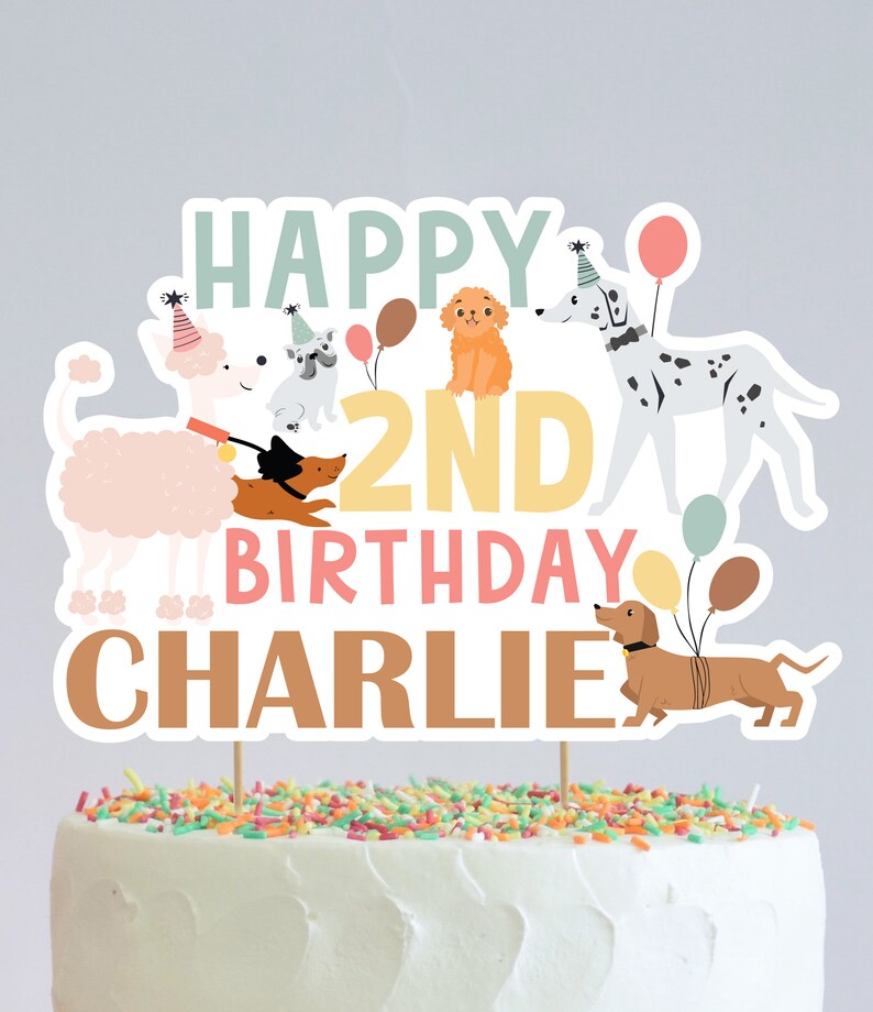 May include: A cake topper with the text "Happy 2nd Birthday Charlie" and a variety of cartoon dogs wearing party hats and holding balloons. The dogs are a poodle, a bulldog, a dachshund, a dalmatian, and a golden retriever.