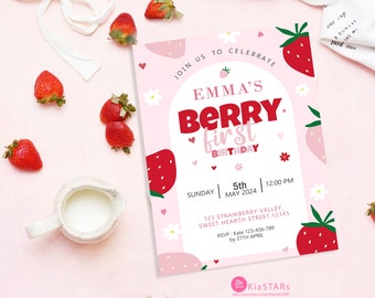 Editable Berry First Birthday Invitation Strawberry and berry Birthday Invitation for Girls Template Printable Strawberry Invitations